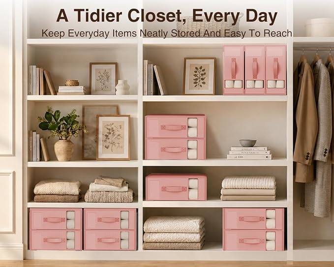 DIMJ Bed Sheet Organizers and Storage 8 Pack - Foldable Sheet Holder, Linen Closet Organizer Box for Sheets Set, Bedding, Blankets, Towel (King & Queen Size)