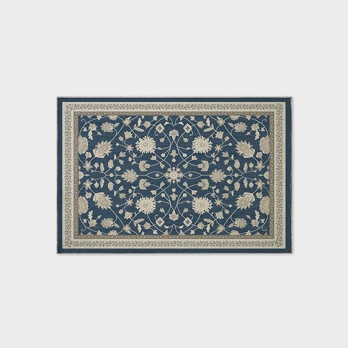 EVERGRACE Area Rugs for Entryway 2x3, Boho Floral Faux Wool Indoor Outdoor Small Rugs, Washable Rugs for Bedroom Bathroom Laundry Doormat, Low Pile Floor Mat Carpet for Home Decor, Navy Blue
