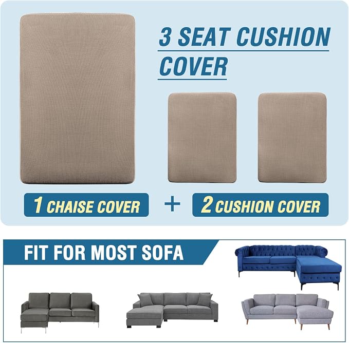 H.VERSAILTEX Sectional Couch Covers 3 Pieces Sofa Seat Cushion Covers L Shape Separate Cushion Couch Chaise Cover for Both Left/Right Sectional Couch (Seat Only: 1 Chaise + 2 Sofa, Sand)