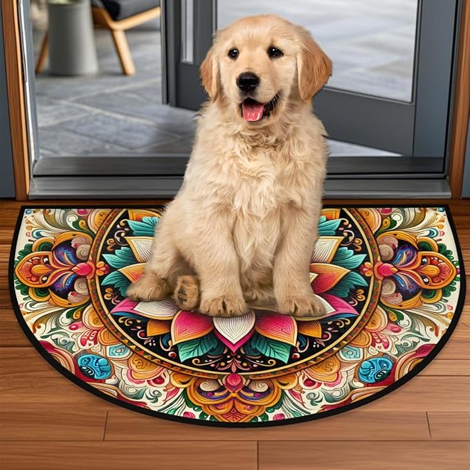 Ethnic Mandala Half Round Rug Half Moon Door Mat Half Circle Rugs | Ethnic Washable Non-Slip Semi Circle Rug Welcome Half Round Door Mat Indoor Entrance Kitchen Bedroom Living Room Decor