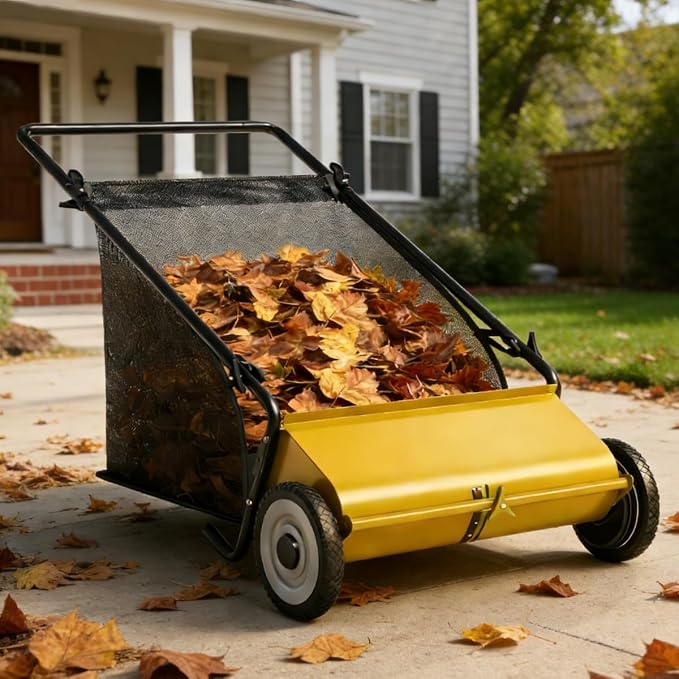 PeakPursuit 48" Leaf Collector Tow Behind Lawn Sweeper Pull Behind Grass Sweeper Large Hopper Black