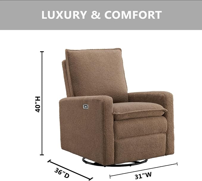 Oxford Baby Uptown Power Glider Recliner Rocking Chair 270° Swivel for Nursery and Living Room, Teddy Brown, Green Guard Gold Certified