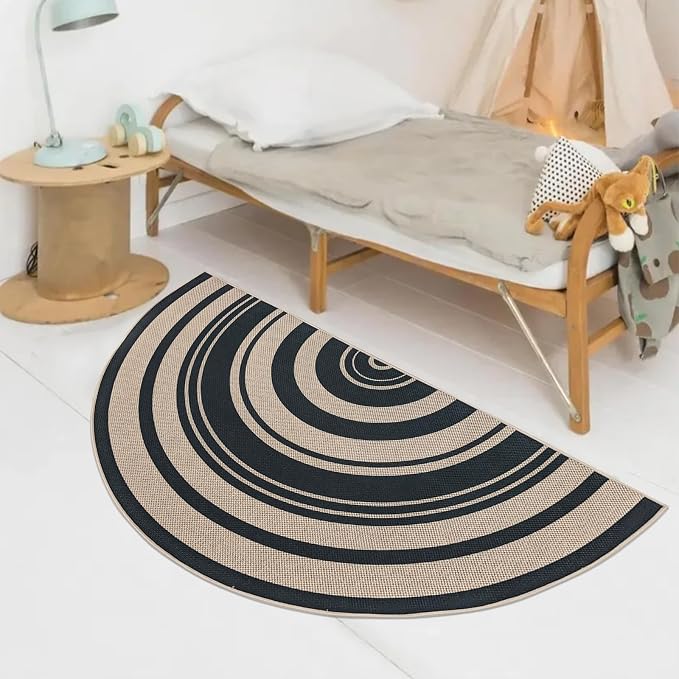 Easy Jute Rug 2.6x5Ft Half Round Rainbow Carpet for Farmhouse Bedroom Entrance, Non-Slip Half Circle Thin Neutral Floor Mat for Living Room Patio Kids Room Kitchen, Indoor Outdoor, Black 1