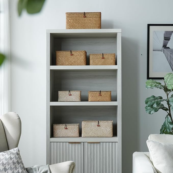 4 Pack, Wicker Baskets with Lids, Natural Seagrass Storage Baskets, Woven Rectangular Basket Bins, Rattan Storage Organizer for Shelf (Whitewashed, Set of 4)