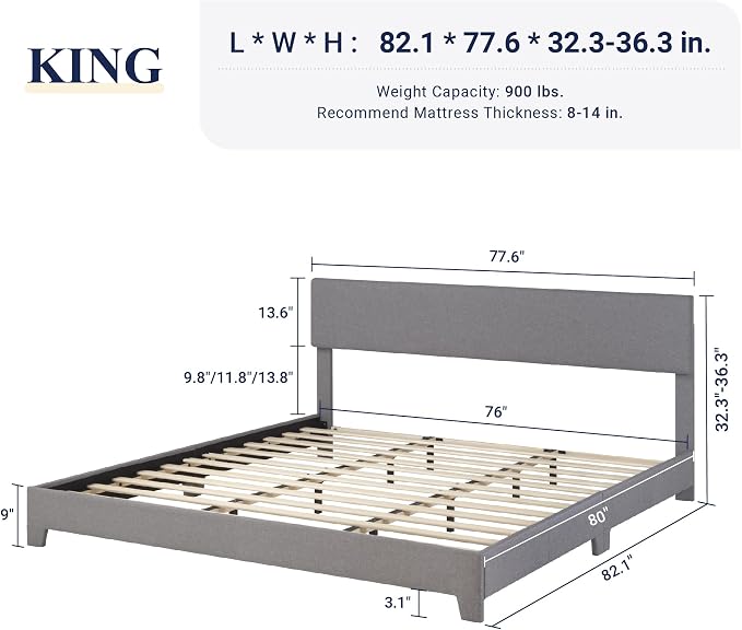 Allewie King Size Upholstered Bed Frame Adjustable Headboard, Light Grey | Platform Bed with Heavy Duty Mattress Foundation, Noise-Free, Easy Assembly, Wood Slat Support, No Box Spring Needed