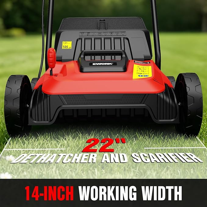 EWORK Electric Dethatcher and Scarifier 14-Inch 12 Amp with Grass Catchers | 2-in-1 Lawn Dethatcher and Aerator with 9.2 Gal Collection Bag, Blade Replacement without Tool, 5-Position Depth Adjustment