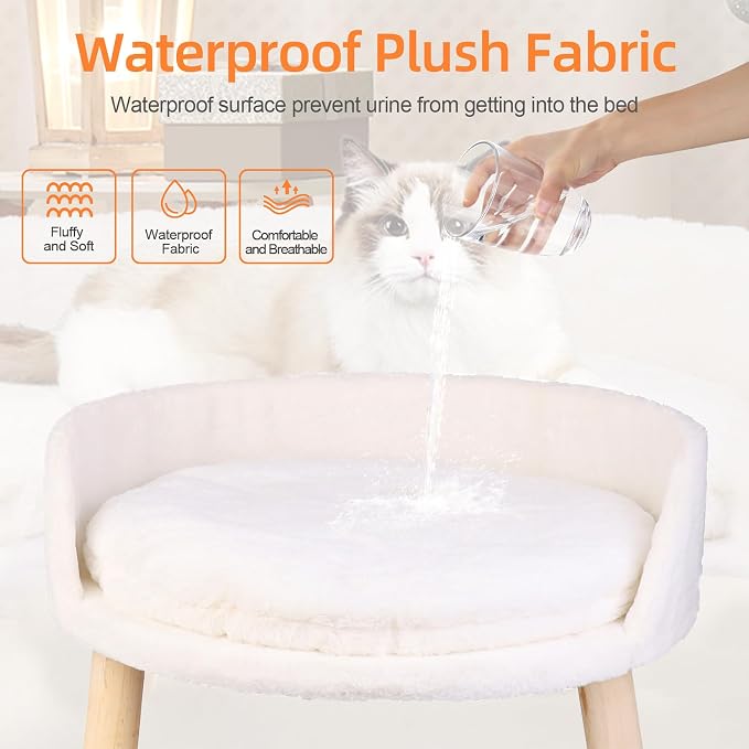 Elevated Dog Bed: Cat Bed for Indoor Cats with Cozy Pad Waterproof - Nordic Cat Stool Chair with Sturdy Wood Legs Anti Slip for Puppy Kitten