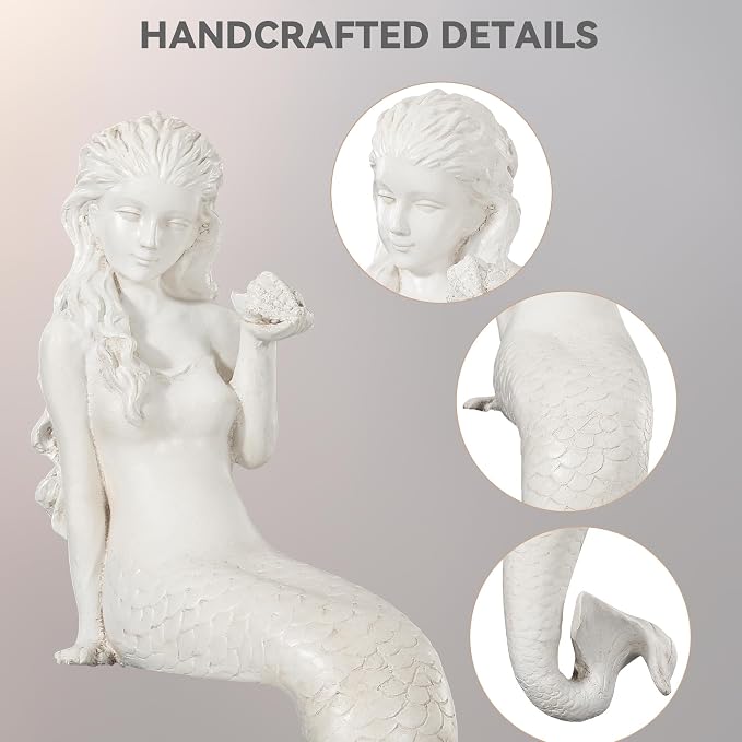 Large Mermaid Garden Statue, 25.6 in DIY Outdoor Sculpture Figurines | Pretty Lawn & Patio Decor, Antique White, Durable Weather-Resistant Finish Magnesium Oxide Stone