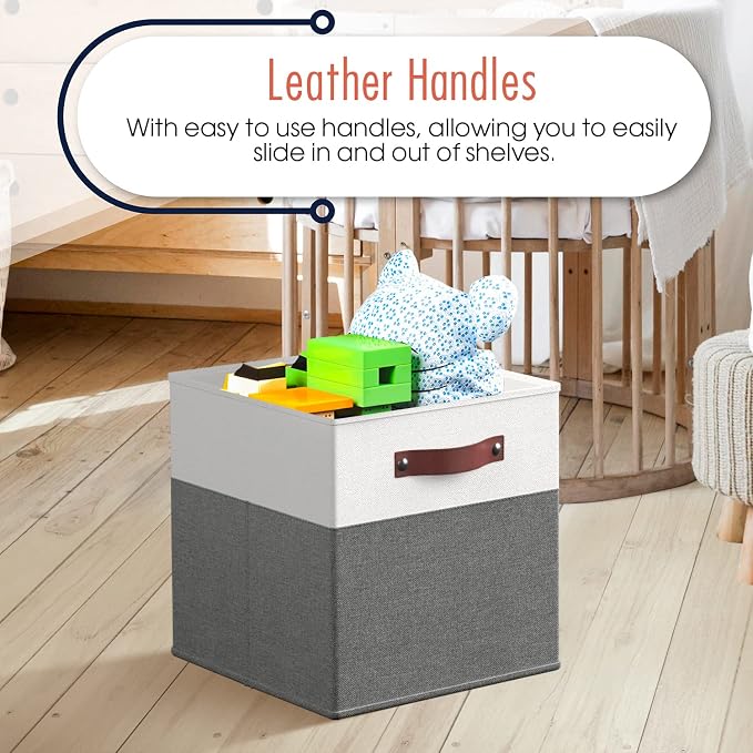 Ornavo Home 13x13 Foldable Fabric Storage Cube Bins, 6 Pack, White/Gray | Collapsible Linen Shelf Basket Organizer; Leather Handles; Ideal Cube Storage For Closet