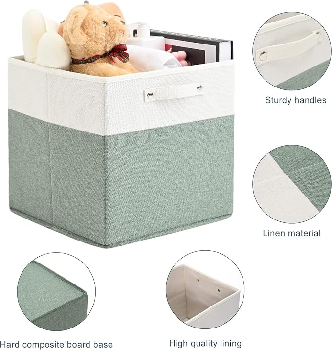 FinishingBo 13x13x13 Storage Cube Bins 6 Pack, Cube Shelf Baskets | Foldable Storage Cubes, Linen Storage Bins with Handles, Closet Organizers, White/Green