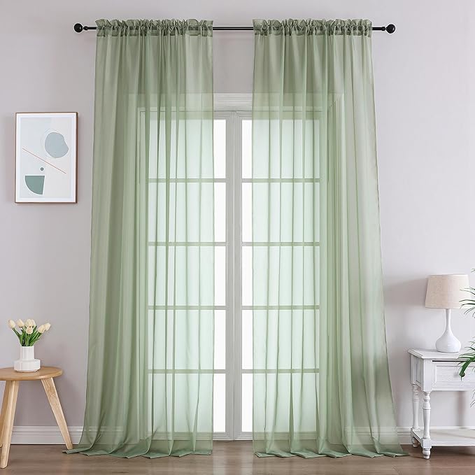 Gwine Sheer Sage Green Curtains 96 Inches Long 2 Panels Set, Light Filtering by Gwine
