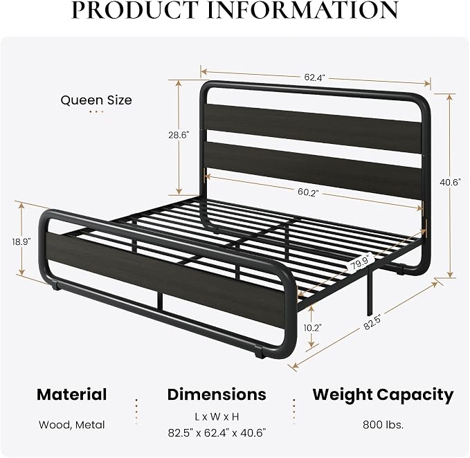 SHA CERLIN Queen Size Metal Bed Frame with Wooden Headboard and Footboard, Heavy Duty Oval-Shaped Platform Bed with Under-Bed Storage, Noise Free, No Box Spring Needed, Black