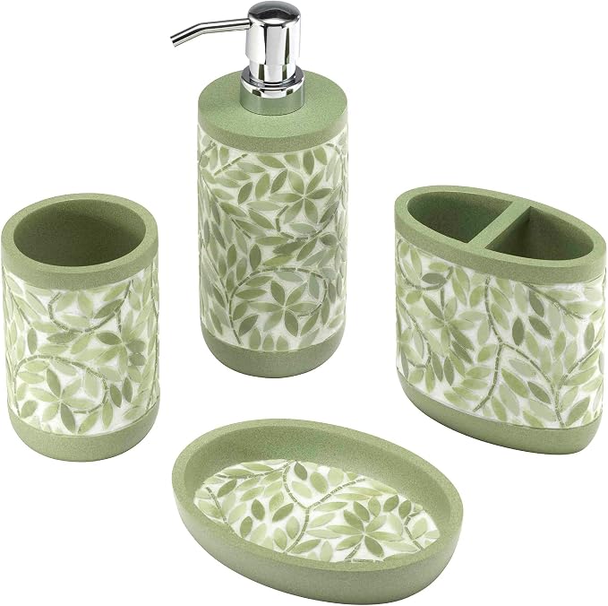 Avanti Linens - Bath Set, 4pc Countertop Accessories, Resin Tumbler, Toothbrush Holder, Soap Dish, Lotion Pump (Stratford Collection, Green)