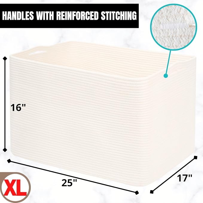 MINTWOOD Design 112L Extra Large Blanket Basket Holder Living Room, 25"x17"x16" Rectangle Rope Woven Storage Basket with Handles for Laundry, Towels, Shoes, Dog Toy Organizer Bin Box, Creamy White