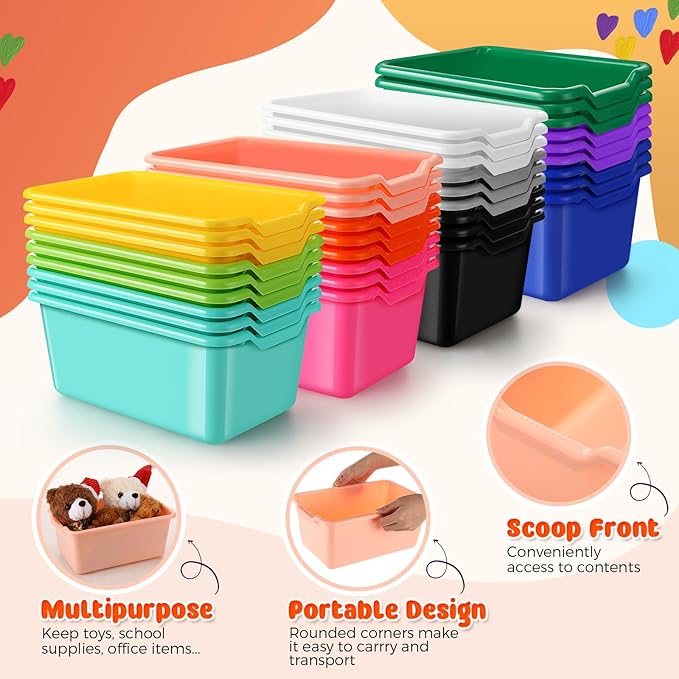 Dandat 36 Pcs Plastic Book Bins for Classroom Library Colorful Scoop Front Cubby Bins Stackable Toy Storage Containers with Handles for School Home Office Nursery Daycare (Bright Color)