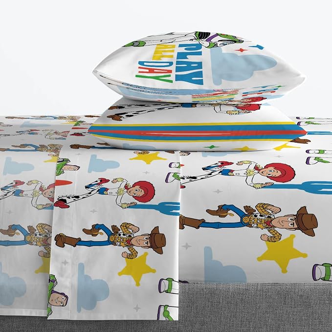 Jay Franco Kids Sheet Cartoon Set with Fitted, Flat Sheets & Pillow Cover - Ultra-Soft Bedding with Pillowcase for Room Decor, White - Toy Story, 4 Piece Queen