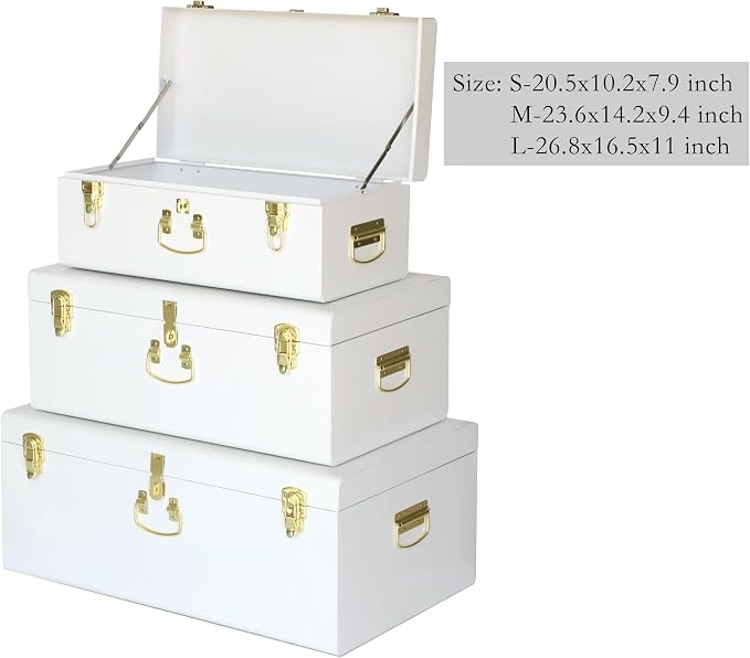 Vixdonos Decorative Box Set of 3 Metal Trunks Chest with Safety Lock Clasp for Treasure Organization and Home Dorm Decor,26.8x16.5x11Inches