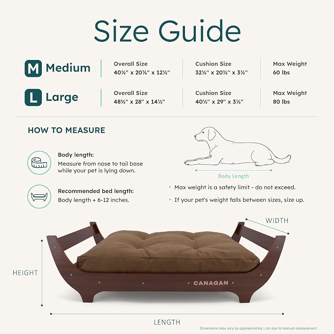 CANAGAN Elevated Wooden Dog Bed with Cushion, Walnut, Large | Raised Dog Couch Bed with a Washable Cover and Plush PP-Filled Cushion, Designed for Large Dogs and Stylish Indoor Living