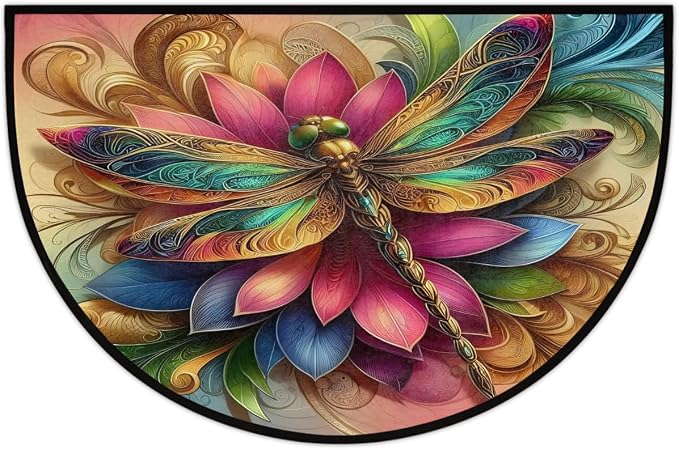 Pardick Half Round Doormat Dragonfly Flower Animal Semi Circle Rug Non Slip Indoor Outdoor Entrance Half Moon Rug Washable Front Floor Mat for Kitchen Bathroom Patio Fireplace Holiday Decor