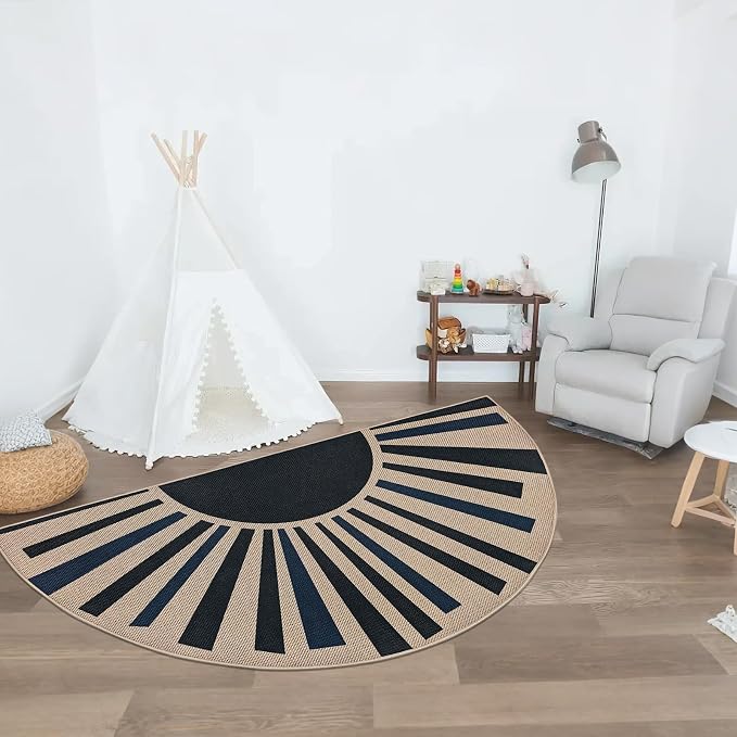 Easy Jute Sun Rug 3x6Ft Half Circle Sunshine Doormat Neutral Faux Jute Indoor Outdoor Carpet for Farmhouse Bedroom Entrance Balcony Kitchen Laundry Room, Nonslip, Half Round, Black/Blue 4
