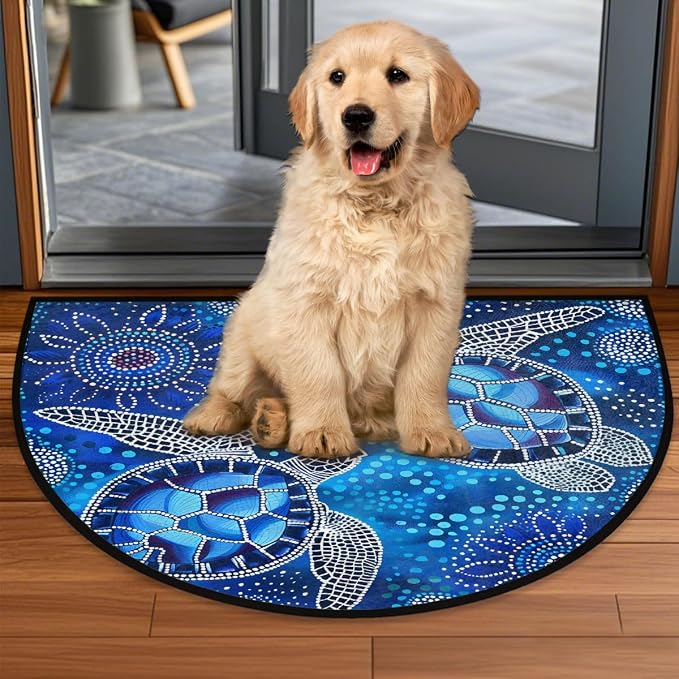 Turtle Animals Half Round Door Mat Non Slip Half Circle Rugs | Abstract Blue Washable Half Moon Rug Semi Circle Rugs Indoor Entrance Floor Carpet for Kithen Bedroom Fireplace Decor