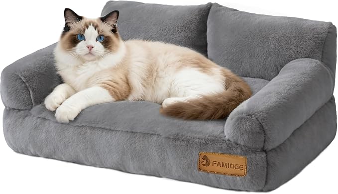 FAMIDGE Plush Cat Couch Bed - Cat Bed for Indoor Cats, Dog Sofa Bed, Short Rabbit Fleece Calming Pet Couch with Removable Cover, Anti-Shedding Pet Sofa for Small/Medium Pets (26×18×12in, Dark Grey)