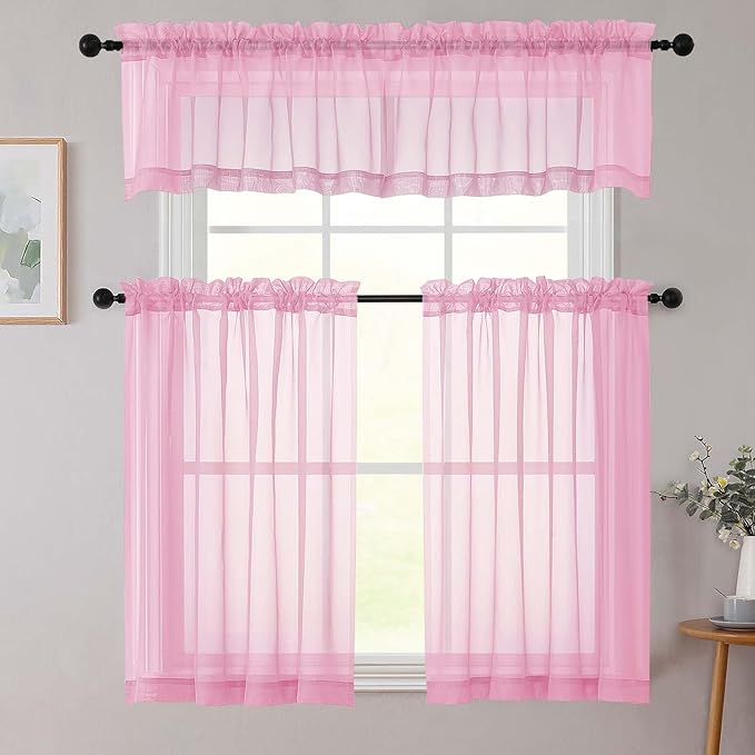 Pink Valances for Windows, Pink Sheer Curtains 14 Inch Length 2 Pack Kitchen Curtain, Modern Solid Mini Small Window Curtains for Cafe Bathroom Basement, Pink, Each 42" Wx14 L Inches