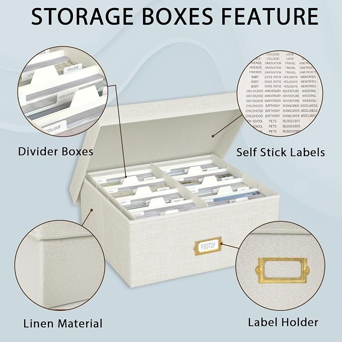 Decorative Photo Storage Box, 2 Pack Linen Photo Box Hold 1700 4x6 Pictures | Photo Storage Containers with 8 Dividers, Memory Keepsake Organizer for Photos, Scrapbook Supplies, Cards, Stamps, Beige