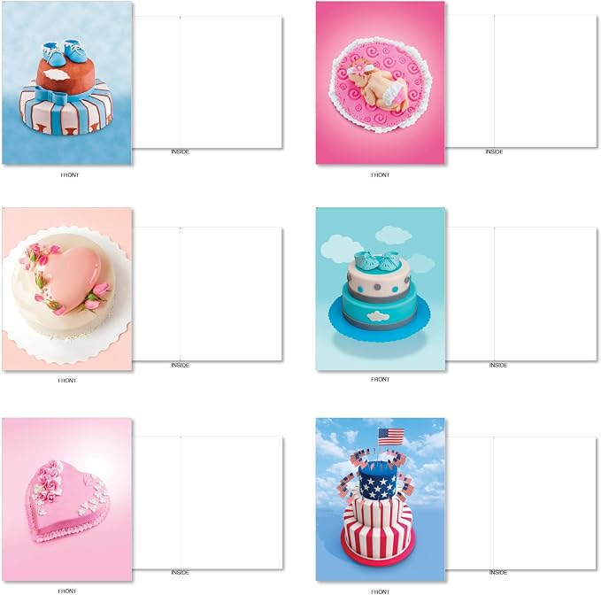 The Best Card Company - 36 Assorted Blank Notecards Bulk Box Set 4 x 5.12 Inch with Envelopes (36 Designs, 1 Each) Friendship Birthday Card Variety Pack - Cakes for All Seasons AM7074OCB-B1x36