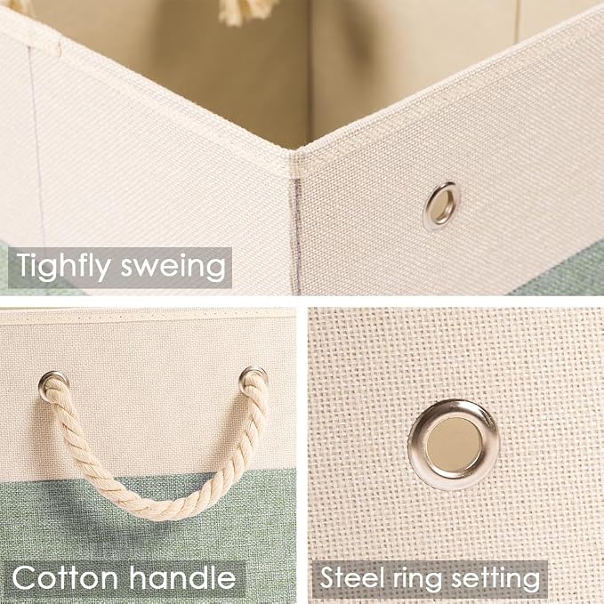 PRANDOM Large Foldable Cube Storage Bins 13x13 inch [4-Pack] Fabric Linen Storage Baskets Cubes Drawer with Cotton Handles Organizer for Shelves Nursery Closet Bedroom Beige/Green
