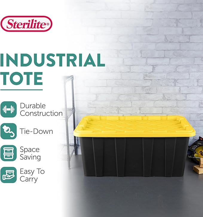 Sterilite 4-Pack Industrial Tote, Plastic Storage Container Bins with Lids, 38 Gallon - Heavy-Duty Organizing Containers for Closet, Bathroom, and Office | Heavy-Duty and Stackable Utility Box Containers for Home, Office, and Basement Organization, Bla...