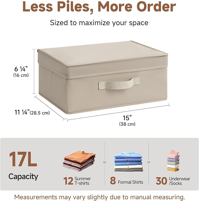 StorageWorks Storage Bins with Lid, Decorative Fabric Storage Bins with Handles, Stackable Closet Organizers for Shelves and Bedroom, Small, Light Brown, 2-Pack