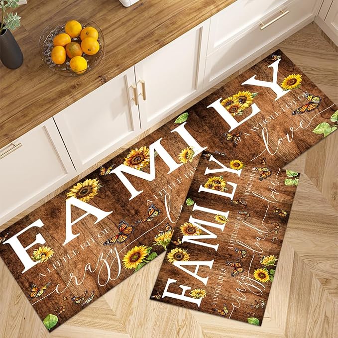 GUBIYU Kitchen Rug Set of 2, Rustic Brown Wood Grain Sunflower Living Room Rugs Anti Fatigue Kitchen Mats Non Skid Waterproof Kitchen Rugs Farmhouse Comfort Standing Kitchen Mats for Floor Home Office