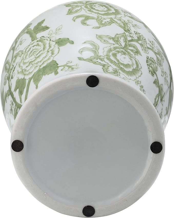 Temple Decorative Jar with Lid – Chinoiserie Ceramic Decorative Stoneware for Home Decor – Modern Centerpiece for Living Room, Bedroom & Office – 14.25", Green & White