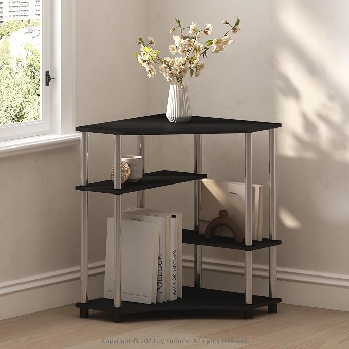 Furinno Turn-N-Tube Storage Shelves, 4-Tier Corner Shelf, Toolless Assembly Display Rack, Corner Bookshelf for Small Space, for Organization and Storage, Living Room, Home Office, Americano