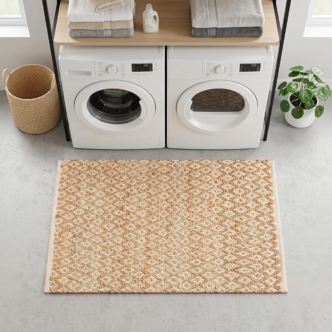 THE BEER VALLEY Jute Cotton Diamond Kitchen Rug 2x3 Feet - Natural White | Small Neutral Area Door mat for Entryway, Easy Clean Outdoor Indoor Boho Entry Rugs