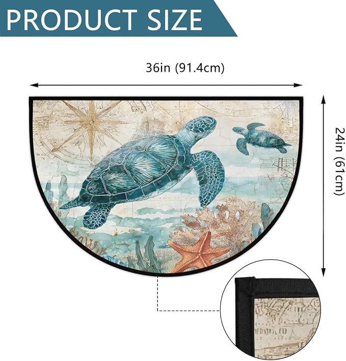 Vintage Turtle Half Round Door Mat Welcome Entrance Mat Bath Bathroom Rug | Vintage Turtle Welcome Entrance Mat Anti-Slip Half Moon Bath Mat Semi Circle Rug Indoor Outdoor Kitchen Rug