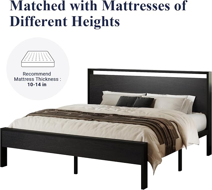 Allewie King Size Bed Frame, Heavy Duty 12 Metal Slats Support, Black Oak | Wooden Headboard and Footboard, Modern Platform Bed, No Box Spring Needed, Under-Bed Storage, Noise Free, Easy Assembly