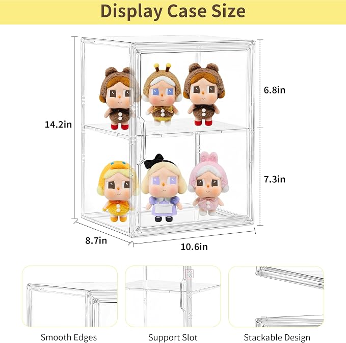 LXLXXL 2 Tier Stackable Acrylic Display Case with Magnetic Lids, 2 Pack | Clear Stackable Bins with Magnetic Lids, Clear Storage Box for Figures and Makeup, Durable Dustproof Display Case Organizer