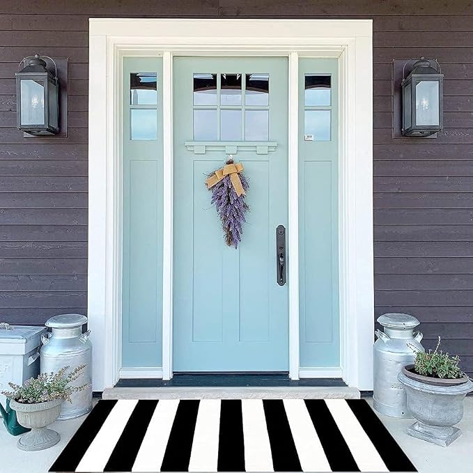 LEEVAN Black and White Striped Door Mat 2'x4' Washable Front Porch Rug Cotton Woven Reversible Rugs Farmhouse Black Outdoor Rug Indoor/Outdoor Welcome Doormat White Entryway Throw Rugs
