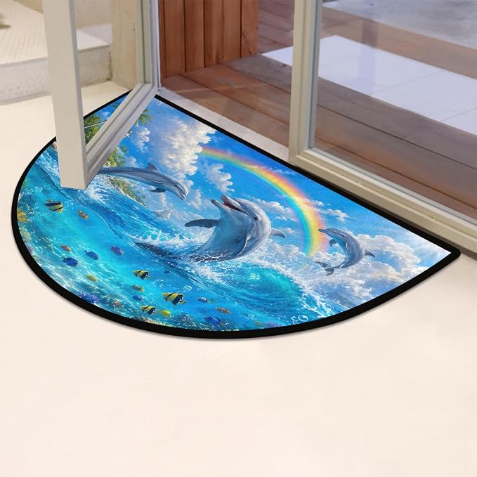 Dolphin Ocean Rainbow Half Round Mat Half Moon Door Rug Washable Durable Semi Circle Carpet Floor mats for Indoor Outdoor Bathroom Kitchen Patio Hearth Rug Laundry Room Home Decoration