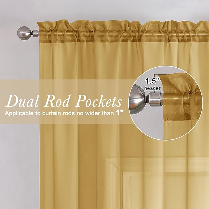 Lecloud Gold Sheer Curtains 63 Inch Length 2 Panels, Airy Light Filtering Voile - Image 2