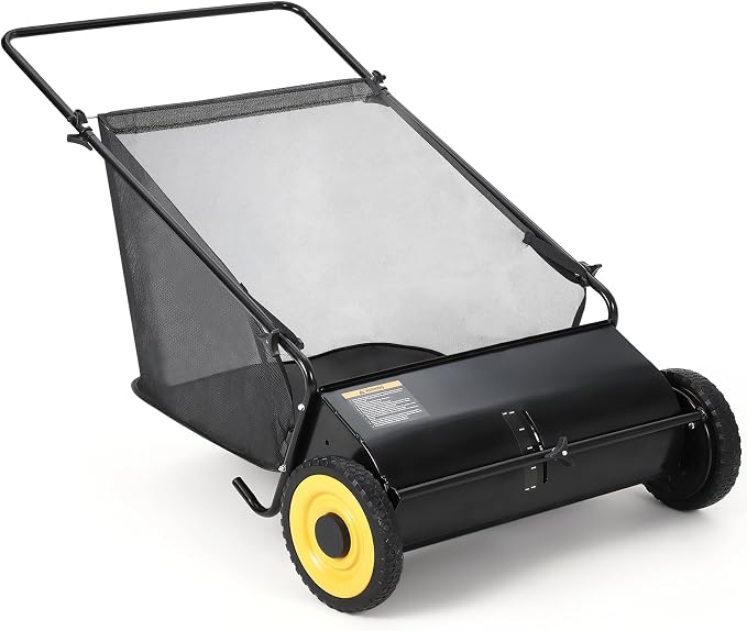 Efficient 21-Inch Push Lawn Sweeper – Heavy-Duty Steel Frame, 4 Enhanced Spinning Brushes, Large 3.5 cu.ft Pusher, Strong Rubber Wheels, Manual Leaf & Grass Collector – Black with Yellow Hubs