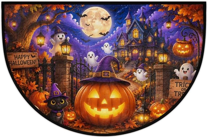 Halloween Half Round Door Mat Welcome Entrance Mat Bath Bathroom Rug A1 | Halloween Ghost Pumpkin Welcome Entrance Mat Anti-Slip Half Moon Bath Mat Semi Circle Rug Indoor Outdoor Kitchen Rug