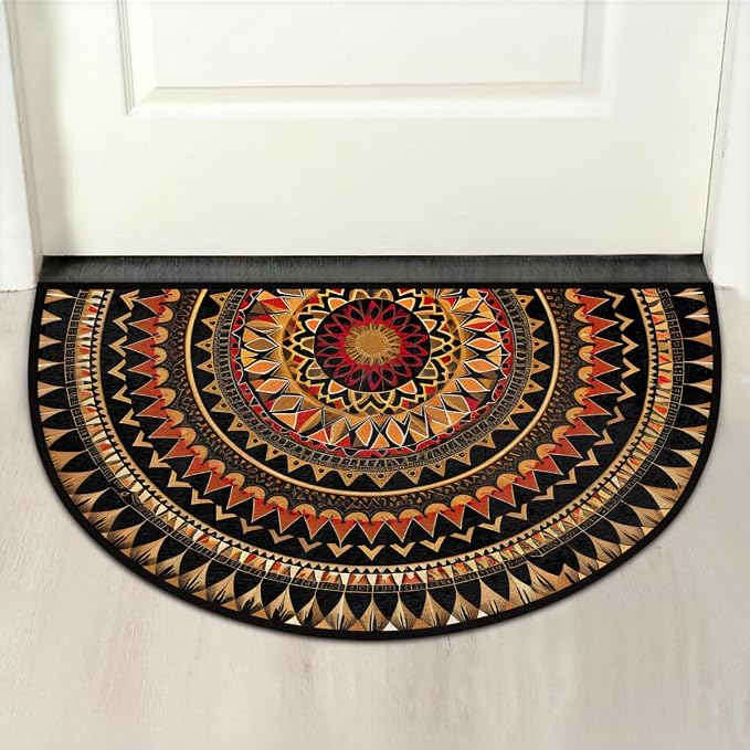 Mandala Boho Half Round Door Mat Non Slip Half Circle Rugs | Ethnic Flower Washable Half Moon Rug Semi Circle Rugs Indoor Entrance Floor Carpet for Kithen Bedroom Fireplace Decor