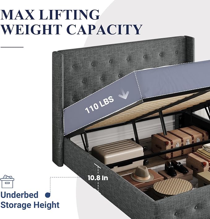 Allewie Full Size Lift Up Storage Button-Tufted Bed Frame Dark Grey | Modern Wingback Headboard, Hydraulic Support Storage, No Box Spring Needed