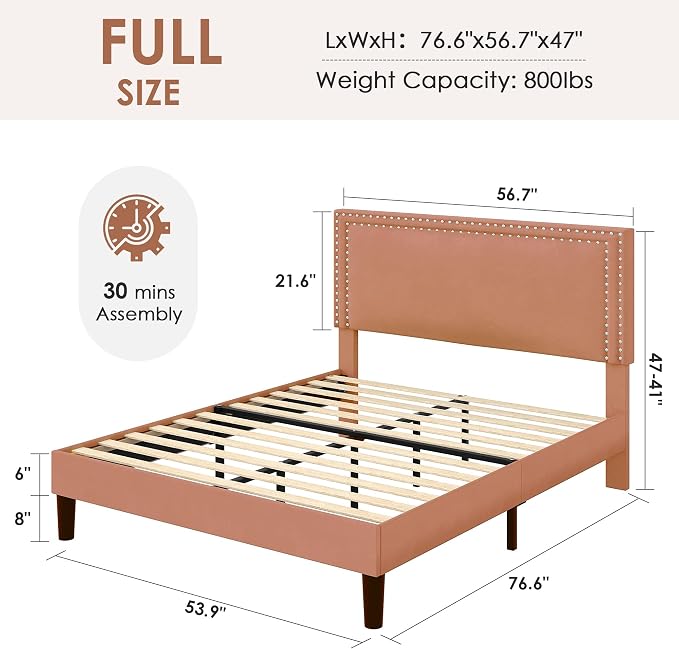 VECELO Full Size Platform Bed Frame with Height Adjustable Upholstered Headboard, Modern Mattress Foundation,Strong Wood Slat Support, No Box Spring Needed, Easy Assembly,Brown