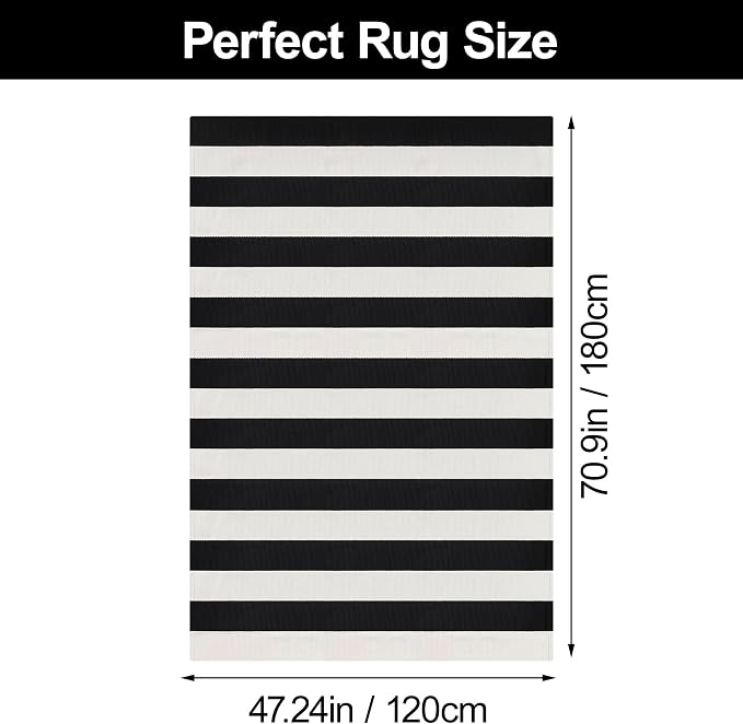 Black and White Striped Rug 4x6 Cotton Woven Farmhouse Indoor Outdoor Area Rug Washable Front Porch Decor Carpet for Living Room Bedroom Dining Room Patio
