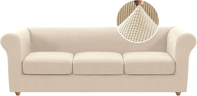 H.VERSAILTEX 4 Piece Stretch Chesterfield Sofa Covers for 3 Cushion Couch Mid Century Deep Seat Sofa Covers (Base Cover Plus 3 Seat Cushion Covers) Thicker Jacquard Fabric (Large Sofa, Natural)