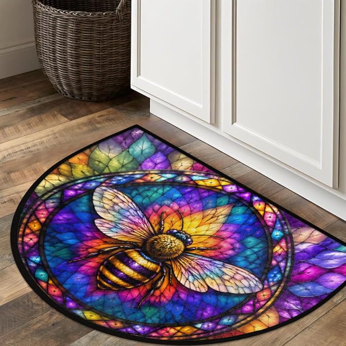 Pardick Bee Half Round Door Mat Welcome Entrance Mat Bath Bathroom Rug A7 | Bee Glass Painting Welcome Entrance Mat Anti-Slip Half Moon Bath Mat Semi Circle Rug Indoor Outdoor Kitchen Rug